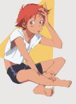  1girl barefoot bike_shorts blush_stickers cowboy_bebop dark_skin edward_wong_hau_pepelu_tivrusky_iv feet graphite_(medium) highres kotobuki_daifuku looking_at_viewer midriff red_hair short_hair soles solo toes tomboy traditional_media yellow_eyes 