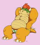  anthro bowser clothing eyes_closed hair hehky koopa male mario_bros musclegut nintendo red_hair scalie signature simple_background slightly_chubby smile solo underwear video_games 