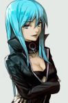  black_nails blue_eyes blue_hair bodysuit breasts center_opening cleavage collar devil_summoner hankuri lipstick long_hair looking_at_viewer makeup megami_tensei nail_polish nemissa pale_skin shin_megami_tensei solo soul_hackers zipper 