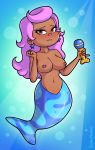  areola bedroom_eyes biting_lip blue_scales breasts brown_eyes bubble_guppies clothed clothing dark_skin ear_piercing eroticphobia female hair half-closed_eyes marine merfolk microphone molly_(bubble_guppies) nipples piercing pink_hair scales seductive solo topless 