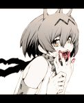  animal_ears bare_shoulders blood blood_on_face blood_on_fingers bow bowtie extra_ears fangs from_side greyscale hair_between_eyes hand_to_own_mouth kemono_friends letterboxed line_shading looking_at_viewer monochrome oono_tsutomu open_mouth serval_(kemono_friends) serval_ears serval_print shirt short_hair simple_background sleeveless sleeveless_shirt solo spot_color upper_body visible_ears white_background white_shirt yellow_eyes 