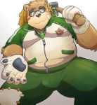  2018 anthro bear blush brown_fur bulge clothing eyewear fur glasses gloves hat male mammal overweight overweight_male pants simple_background sitting solo straw_hat tokyo_afterschool_summoners volos white_background 