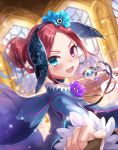  artist_request blue_dress blush capelet dress flower frills hair_flower hair_ornament hairband heterochromia jewelry kerykeion_(phantom_of_the_kill) looking_at_viewer necklace official_art open_mouth phantom_of_the_kill red_hair ruffled_sleeves window 