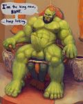  2018 3_toes 5_fingers 5_toes abs anal anthro areola bald balls beard biceps big_feet chair claws clenched_teeth clothing crown dialogue domination dragon duo english_text eyebrows facesitting facial_hair facial_piercing fangs front_view green_balls green_nipples green_skin hi_res humanoid humanoid_hands king larger_male looking_down male male/male male_domination muscular muscular_male navel nipples nommz nose_piercing nude obliques on_top oral orc pecs piercing rimming royalty sex sitting size_difference smaller_male spread_legs spreading teeth text thick_thighs throne toe_claws toes triceps vase yellow_eyes 