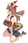  ahoge arched_back arm_support bag bandana bare_arms bare_legs bare_shoulders between_legs bike_shorts breasts brown_hair camisole cleavage closed_mouth collarbone commentary covered_nipples floating_hair from_side full_body hairband hand_between_legs haruka_(pokemon) highres impossible_clothes large_breasts long_hair looking_afar masao pocket pokemon pokemon_(game) pokemon_oras profile red_camisole red_hairband seiza short_hair_with_long_locks shorts shorts_under_shorts simple_background sitting skindentation solo white_background white_shorts wristband zipper 
