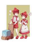  1boy 1girl aa-2153 ae-3803 ahoge apron cart child dress erythroblast_(hataraku_saibou) hat hataraku_saibou hataraku_saibou_black highres pom_pom_(clothes) red_dress red_footwear red_hat shirt shirt_tug short_hair short_sleeves shorts socks suspender_shorts suspenders white_legwear white_shirt yellow_eyes younger 