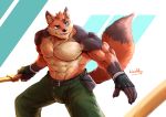  2018 abs absurd_res anthro belt biceps canine clothed clothing digital_media_(artwork) fingerless_gloves fox fur gloves hi_res male mammal melee_weapon muscular muscular_male pants pecs sword waddledox weapon 