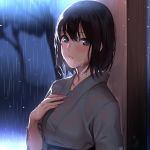  bangs black_eyes black_hair blush commentary deras eyebrows_visible_through_hair japanese_clothes kimono looking_at_viewer messy_hair night original outdoors parted_lips rain see-through short_hair smile solo wet wet_clothes wet_hair wet_kimono yukata 