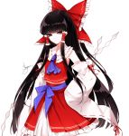  ascot bangs bare_shoulders black_hair blue_neckwear blunt_bangs bow brown_eyes closed_mouth cowboy_shot detached_sleeves eyebrows_visible_through_hair frilled_bow frilled_shirt_collar frills gohei hair_bow hair_tubes hakurei_reimu hand_on_hip high_heels highres holding long_hair long_sleeves looking_at_viewer midriff_peek petticoat red_bow red_skirt red_vest ribbon-trimmed_sleeves ribbon_trim sheya shoes sidelocks signature simple_background skirt sleeves_past_fingers sleeves_past_wrists solo standing touhou very_long_hair vest white_background wide_sleeves 