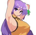  arms_behind_head breasts double_dealing_character flower hair_flower hair_ornament large_breasts looking_at_viewer pixel_art purple_eyes purple_hair sideboob solo takorin touhou tsukumo_benben 