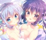  :d :o ahoge asymmetrical_docking bangs blue_eyes blue_hair blush breast_press breasts choker cleavage collarbone eyebrows_visible_through_hair gochuumon_wa_usagi_desu_ka? hair_ornament hair_ribbon hand_on_another's_back hug kafuu_chino light_blue_hair looking_at_viewer medium_breasts mitsumomo_mamu multiple_girls open_mouth purple_eyes purple_hair ribbon sidelocks small_breasts smile strapless striped striped_ribbon tedeza_rize twintails upper_body x_hair_ornament 