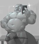  &lt;3 3_fingers absurd_res anthro barazoku belly biceps big_belly big_muscles big_pecs big_penis cellphone clothing crocodile crocodilian deep_navel eye_scar hi_res looking_at_viewer male mirror monochrome musclegut muscular muscular_male navel nude open_mouth overweight overweight_male pecs penis perspective phone pose presenting reptile scalie scar selfie simple_background smile solo standing teeth thick_tail underwear vein veiny_penis vorusuarts 