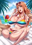  1girl 2boys bikini breasts censored chair cleavage curvy drink haikawa_hemlen hips huge_breasts legs long_hair multiple_boys nami_(one_piece) navel ocean one_piece open_mouth orange_hair outdoors penis sitting stomach sunglasses sunglasses_on_head swimsuit tattoo teeth thick_thighs thighs tongue wide_hips 
