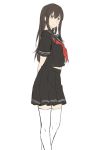  akagi_(kantai_collection) alternate_costume arms_behind_back asakawa_shinka black_hair black_sailor_collar black_serafuku black_skirt brown_eyes closed_mouth eyebrows_visible_through_hair feet_out_of_frame hair_between_eyes kantai_collection long_hair neckerchief pleated_skirt red_neckwear sailor_collar school_uniform serafuku short_sleeves simple_background skirt smile solo straight_hair thighhighs white_background white_legwear 