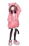  ;3 black_legwear brown_hair cat_tail earphones full_body hand_in_pocket highres hood hood_up hoodie kmnz long_sleeves mc_liz no_pants oversized_clothes paw_print pink_hoodie shugao simple_background sleeves_past_wrists tail thighhighs virtual_youtuber white_background white_footwear 