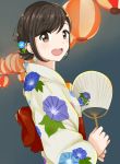  1girl 319thie :d brown_eyes highres japanese_clothes kimono open_mouth original smile summer yukata 