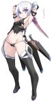  armpits arms_up bandaged_arm bandages bangs bare_shoulders black_footwear black_legwear black_panties black_shirt boots breasts commentary_request dagger dual_wielding eyebrows_visible_through_hair fate/grand_order fate_(series) full_body green_eyes groin hair_between_eyes highres holding holding_dagger holding_weapon jack_the_ripper_(fate/apocrypha) karukan_(monjya) leaning_back looking_at_viewer lowleg lowleg_panties navel panties parted_lips scar scar_across_eye sheath shirt simple_background sleeveless sleeveless_shirt small_breasts solo standing thigh_boots thighhighs translation_request underwear weapon white_background 