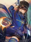  ahoge arm_up artoria_pendragon_(all) black_hat black_shorts blue_legwear blue_scarf blue_sweater brown_hair cosplay cowboy_shot dutch_angle fate/grand_order fate_(series) gloves grey_gloves hair_between_eyes hat holding holding_sword holding_weapon long_hair looking_at_viewer male_focus marchab_66 mysterious_heroine_x mysterious_heroine_x_(cosplay) oda_nobukatsu_(fate/grand_order) red_eyes scarf short_shorts shorts solo standing sweater sword thighhighs twintails weapon 