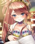  artist_request blue_eyes blush book book_stack bookshelf brown_hair choker detached_sleeves goggles goggles_on_head hair_between_breasts long_hair official_art open_book paracelsus_(phantom_of_the_kill) phantom_of_the_kill ponytail smile 