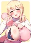  apron apron_aside areola_slip areolae artificial_vagina bangs bikini black_bikini blonde_hair blush breasts clothes_lift commentary_request covered_nipples gigantic_breasts hair_between_eyes hanabi_(ocha) heart heart-shaped_pupils liquid long_hair long_sleeves looking_at_viewer naughty_face open_mouth pink_apron pink_lips ribbed_sweater smile sunohara_ayaka sunoharasou_no_kanrinin-san sweatdrop sweater sweater_lift swimsuit symbol-shaped_pupils upper_body white_sweater yellow_background yellow_eyes 