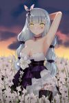  absurdres alternate_costume alternate_hairstyle arm_behind_back arm_behind_head armpits bangs bare_arms bare_shoulders black_bow black_choker black_gloves black_legwear blunt_bangs blush bow breasts choker cleavage collarbone commentary dress evening expressionless facial_mark field finn_flint floating_hair flower flower_field girls_frontline gloves green_eyes hair_flower hair_ornament hair_ribbon hairband hand_up highres hk416_(girls_frontline) layered_dress long_hair looking_at_viewer medium_breasts multi-tied_hair outdoors ribbon silver_hair solo standing strapless strapless_dress teardrop thighhighs very_long_hair white_flower white_hairband white_ribbon 
