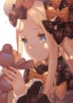  abigail_williams_(fate/grand_order) bangs black_bow black_dress black_hat blonde_hair blue_eyes bow bug butterfly crying crying_with_eyes_open dress fate/grand_order fate_(series) fingernails forehead hair_bow hands_up hat heart holding holding_stuffed_animal insect joenny long_hair long_sleeves looking_away orange_bow parted_bangs parted_lips polka_dot polka_dot_bow simple_background sleeves_past_wrists solo stuffed_animal stuffed_toy tears teddy_bear white_background 