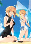  :o ahoge anklet artoria_pendragon_(all) artoria_pendragon_(swimsuit_archer) artoria_pendragon_(swimsuit_archer)_(cosplay) artoria_pendragon_(swimsuit_rider_alter) artoria_pendragon_(swimsuit_rider_alter)_(cosplay) ass bangs bare_arms bare_shoulders barefoot beach beach_umbrella bikini black_bow black_swimsuit blonde_hair blue_bow blue_ribbon blue_sky blush bow bow_bikini breasts breasts_apart casual_one-piece_swimsuit center_opening closed_mouth cloud collarbone commentary_request cosplay costume_switch day eating excalibur eyebrows_visible_through_hair fate/grand_order fate_(series) fingernails food foreshortening from_side green_eyes gun hair_between_eyes hair_bow hair_bun hair_ribbon handgun highres holding holding_food holding_sword holding_weapon jewelry kneeling leaf looking_at_viewer medium_breasts multiple_girls nishin_(nsn_0822) ocean one-piece_swimsuit open_mouth outdoors palm_tree pistol popsicle ribbon saber saber_alter sand seiza side-tie_bikini sidelocks sitting sky small_breasts sweat swimsuit swimsuit_skirt sword tree umbrella water_gun weapon white_bikini 