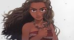  bare_arms bare_shoulders breasts brown_eyes brown_hair clenched_hand close-up dark_skin disney floating_hair frown grey_background jewelry long_hair looking_at_viewer moana_(movie) moana_waialiki necklace pano_(mohayayamai) pearl_necklace serious simple_background solo tank_top upper_body wind wind_lift 