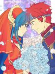  1girl absurdres blue_eyes blue_hair bridal_veil fire_emblem fire_emblem:_fuuin_no_tsurugi fire_emblem_heroes flower head_to_head headband highres lilina nishimura_(nianiamu) red_hair rose roy_(fire_emblem) smile veil 