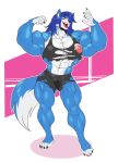  anthro big_breasts boosterpang breasts canine clothing female flexing looking_at_viewer mammal muscular muscular_female nipples open_mouth pussy_juice smile solo standing torn_clothing veiny_muscles 