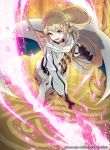  40hara armor blonde_hair braid brown_gloves cape commentary_request company_name crown_braid fire_emblem fire_emblem_cipher fire_emblem_heroes gloves green_eyes highres holding holding_shield holding_weapon long_hair long_sleeves official_art open_mouth polearm sharena shield skirt solo weapon white_skirt 