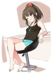  aqua_shorts bare_arms bare_shoulders barefoot bow breasts brown_hair chair crossed_legs feet hair_bow hori_yuuko idolmaster idolmaster_cinderella_girls jewelry looking_at_viewer necklace omaru_gyuunyuu on_chair one_eye_closed ponytail red_bow red_eyes short_shorts shorts sitting sleeveless small_breasts smile 