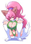  1girl animal_ears ass bare_legs bare_shoulders breasts cat_ears cat_girl cleavage cleavage_cutout curvy female full_body heart_cutout highleg highleg_leotard huge_ass huge_breasts leotard long_hair looking_at_viewer paw_print perisie_(star_ocean) pink_hair ponytail ryoi shiny shiny_skin simple_background star_ocean star_ocean_first_departure tail thick_thighs thighhighs thighs thong_leotard very_long_hair white_background 