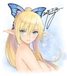  2018 arms_at_sides bangs bare_arms bare_shoulders blonde_hair blue_eyes breasts butterfly_hair_ornament collarbone commentary_request dated elf eyebrows_visible_through_hair floral_background flower hair_between_eyes hair_ornament highres kirika_towa_alma large_breasts long_hair looking_at_viewer official_art parted_lips pointy_ears ponytail shining_(series) shining_resonance shiny shiny_hair sidelocks signature simple_background smile solo tanaka_takayuki teeth upper_body 