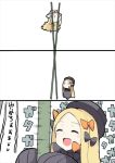  abigail_williams_(fate/grand_order) akiyama_yuuji_(naruko-tei) bamboo bamboo_stilts black_bow black_dress black_hat blonde_hair bow comic commentary dress fate/grand_order fate_(series) forehead hat ibaraki_douji_(fate/grand_order) long_hair long_sleeves multiple_girls o_o oni_horns shaking sleeves_past_fingers sleeves_past_wrists smile stilts translated white_background yellow_bow 