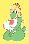  2018 alternate_species areola big_breasts blonde_hair breasts female green_skin green_yoshi hair komponi mario_bros multicolored_skin nintendo nipples princess_peach princess_yoshi simple_background solo two_tone_skin video_games white_skin yellow_background yoshi 