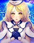  artist_request blonde_hair blush dress earrings excalibur_(phantom_of_the_kill) flower gloves hat jewelry long_hair looking_at_viewer official_art open_mouth phantom_of_the_kill stud_earrings white_dress yellow_eyes 