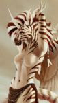  2018 4_fingers ankh anthro biped breasts brown_fur brown_markings brown_stripes calantha_(zyrena) claws clothed clothing digital_media_(artwork) digital_painting_(artwork) dragon ear_piercing equine eye_markings feathered_wings feathers featureless_breasts female fur gem half-length_portrait hands_above_head horn hybrid inner_ear_fluff jewelry light_theme lighting loincloth loose_feather magic_user mammal mane markings medaya medium_breasts multicolored_fur muzzle_(marking) navel necklace pearl_(gem) pearl_necklace pearls piercing portrait raised_arm shadow shaman simple_background smile snout solo spikes standing stretching striped_fur striped_tail stripes topless tribal tribal_spellcaster two_tone_fur white_background white_claws white_fur white_horn white_wings winged_unicorn wings yellow_eyes zebra zebracorn zebroid 
