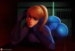  ass bangs blonde_hair blue_bodysuit blue_eyes bodysuit breasts chin_rest commentary english_commentary huge_ass laser lips long_hair lying metroid mole mole_under_mouth morganagod nose on_stomach patreon_username ponytail samus_aran skin_tight solo swept_bangs thick_eyebrows ventilation_shaft 