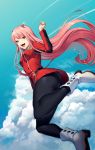  :d ass bangs blue_eyes blue_sky boots breasts cloud cloudy_sky darling_in_the_franxx day dress fangs floating floating_hair full_body hair_between_eyes horns jumping long_hair open_mouth outdoors pantyhose perspective pink_hair satchely short_dress sky smile straight_hair zero_two_(darling_in_the_franxx) 