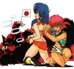  80s barefoot blue_eyes blue_hair boots butt_crack dirty_pair gun handgun headband holding japanese_flag kei_(dirty_pair) long_hair looking_back mouth_hold multiple_girls non-web_source official_art oldschool open_mouth pipe red_eyes red_hair short_hair simple_background takachiho_haruka weapon white_background yuri_(dirty_pair) 