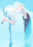  aqua_eyes black_hair collarbone commentary_request dress full_body highres long_hair migihidari_(puwako) solo standing standing_on_liquid standing_on_one_leg very_long_hair white_dress 