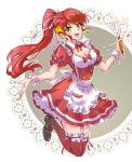  apron breasts cleavage commentary cream english_commentary frilled_legwear frilled_skirt frills green_eyes highres iesupa maid maid_apron maid_headdress ponytail pyrrha_nikos red_hair rwby skirt sleeve_cuffs socks solo thighhighs tiara whisk 