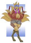  anthro big_breasts boots breasts canine cleavage clothed clothing female footwear fox gun handgun heterochromia huge_breasts mammal mythril_blackpaw ndragon3 nipple_bulge pistol ranged_weapon solo thick_thighs voluptuous walking weapon 