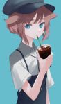  animal_ears aqua_background aqua_eyes bangs brown_hair commentary_request cup drinking_glass eyebrows_visible_through_hair holding holding_cup iced_tea looking_at_viewer migihidari_(puwako) original short_hair short_sleeves simple_background sipping solo 