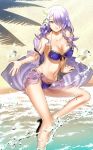  bare_shoulders beach bikini breasts camilla_(fire_emblem_if) cleavage commentary_request day fire_emblem fire_emblem_heroes fire_emblem_if floral_print flower hair_flower hair_ornament hair_over_one_eye high_heels highres korikorikori large_breasts long_hair navel purple_eyes purple_hair sand sarong shadow sitting solo swimsuit tongue tongue_out water 