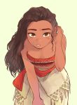  bare_arms bare_shoulders breasts brown_eyes brown_hair dark_skin disney expressionless hand_in_hair long_hair looking_at_viewer moana_(movie) moana_waialiki pano_(mohayayamai) simple_background skirt solo sweat tank_top teeth upper_body yellow_background 