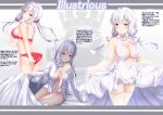  ass azukiman azur_lane blanket blue_eyes bra breasts character_name cleavage commentary_request dress hair_ribbon highres illustrious_(azur_lane) large_breasts lingerie long_hair looking_at_viewer looking_back low_ponytail multiple_views naked_shirt open_clothes panties ponytail red_bra red_panties ribbon shirt sidelocks skirt skirt_lift translation_request tress_ribbon underwear wedding_dress white_dress white_hair white_legwear white_shirt 