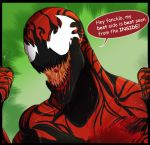  2018 blood carnage_(spider-man) dialogue digital_media_(artwork) english_text hi_res humanoid mammal marvel not_furry open_mouth saberhorn_(artist) simple_background solo speech_bubble symbiote teeth text 