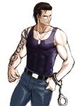  abs arimi_rio_(baubau) belt billy_coen black_hair blue_eyes cuffs handcuffs jewelry male_focus necklace resident_evil resident_evil_0 simple_background solo tattoo teeth upper_body white_background 